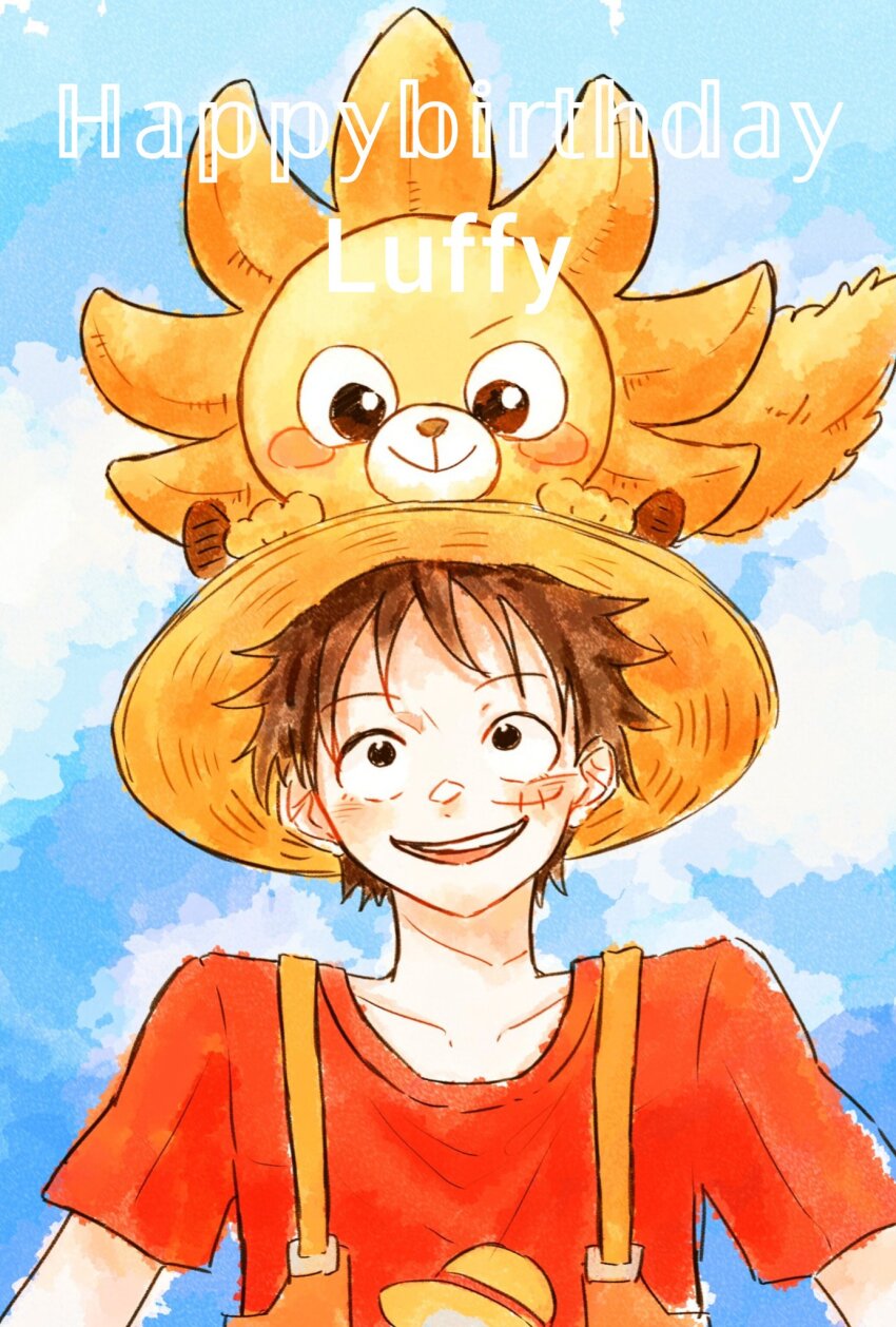 1209rikka 1boy animal black_hair character_name commentary_request happy_birthday hat highres lion looking_up male_focus monkey_d._luffy on_head one_piece one_piece_film:_red red_shirt scar scar_on_face shirt short_sleeves sky smile straw_hat teeth thousand_sunny upper_body upper_teeth_only