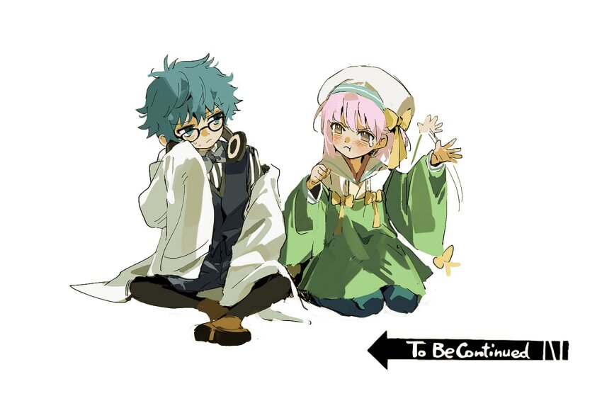 1boy 1girl beret black_shorts black_vest blue_hair bow brown_footwear clenched_hand fate/grand_order fate_(series) glasses hair_bow hand_on_own_cheek hand_on_own_face hans_christian_andersen_(fate) hat headphones headphones_around_neck jacket kazuradrop_(fate) layered_clothes light_frown long_sleeves oversized_clothes pout purple_hair shorts sketch ss_un17 sweatdrop tears vest waving_arms white_jacket