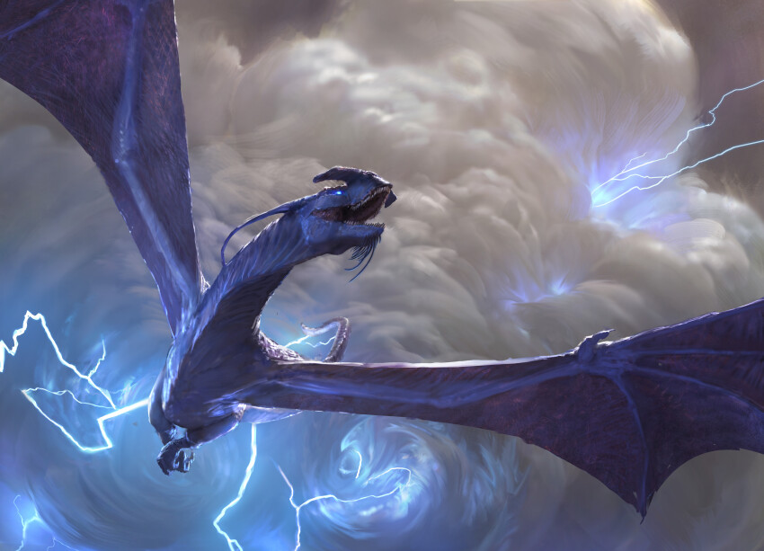 absurdres animal_focus blue_eyes campbell_white cloud dragon drake_(magic:_the_gathering) electricity flying from_above full_body glowing glowing_eye highres lightning magic:_the_gathering monster no_humans official_art open_mouth solo tail volatile_stormdrake wings wyvern