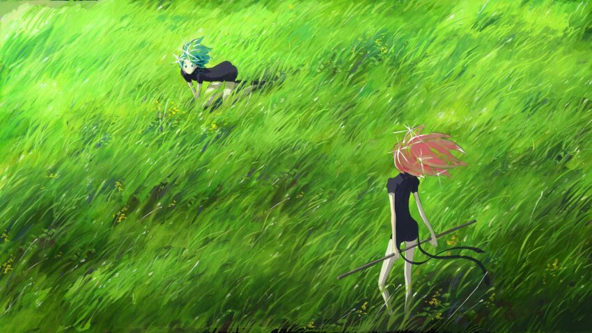 2others all_fours androgynous aqua_hair bike_shorts black_jacket black_shorts end_card gem_uniform_(houseki_no_kuni) grass houseki_no_kuni jacket long_hair morganite_(houseki_no_kuni) multiple_others nishikawa_youichi official_art outdoors phosphophyllite puffy_short_sleeves puffy_sleeves red_hair short_hair short_sleeves shorts sparkle standing