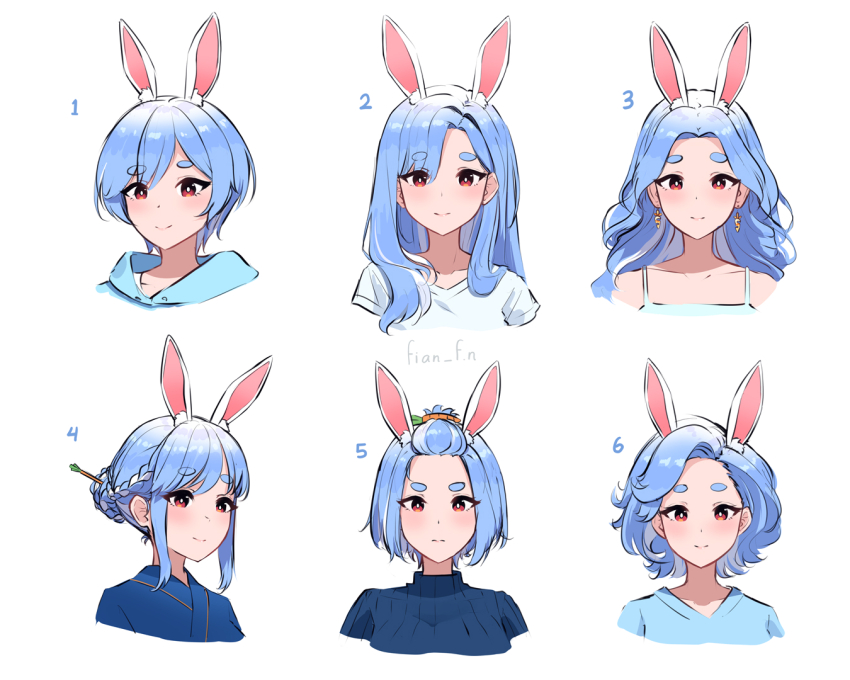 1girl alternate_hairstyle animal_ear_fluff animal_ears blue_hair blue_hoodie blue_shirt braid braided_bun breasts bright_pupils carrot_earrings carrot_hair_ornament closed_mouth commentary cropped_shoulders earrings english_commentary fian_f.n food-themed_earrings food-themed_hair_ornament food_themed_earrings hair_between_eyes hair_bun hair_ornament hair_stick hololive hood hood_down hoodie jewelry large_breasts light_blush long_hair looking_at_viewer multicolored_hair multiple_views orange_eyes parted_bangs pekomama rabbit_ears rabbit_girl ribbed_shirt shirt short_eyebrows short_hair sidelocks simple_background single_hair_bun smile split streaked_hair thick_eyebrows twitter_username two-tone_hair v-neck virtual_youtuber white_background white_hair white_pupils