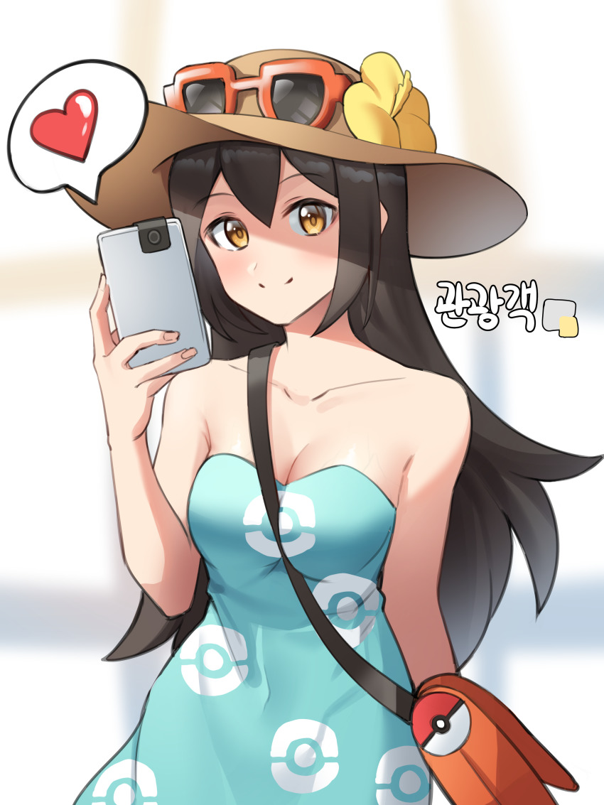 1girl absurdres bad_id bad_pixiv_id bag bare_arms between_breasts breasts brown_hair cellphone cleavage closed_mouth collarbone commentary_request creatures_(company) dress eyewear_on_headwear flower game_freak green_dress hand_up hat hat_flower heart highres holding holding_phone korean_commentary korean_text long_hair looking_at_viewer nintendo orange-framed_eyewear orange_bag orange_eyes phone pokemon pokemon_sm shoulder_bag sightseer_(pokemon) smile solo spoken_heart strap_between_breasts sunglasses translation_request woogi yellow_flower