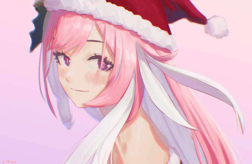 1girl absurdres bare_shoulders christmas closed_mouth diamond-shaped_pupils diamond_(shape) ellinyse elysia_(honkai_impact) fur-trimmed_headwear fur_trim hat highres honkai_(series) honkai_impact_3rd long_hair looking_at_viewer multicolored_hair parted_bangs pink_background pink_eyes pink_hair portrait red_hat santa_hat smile solo straight_hair symbol-shaped_pupils two-tone_hair white_hair