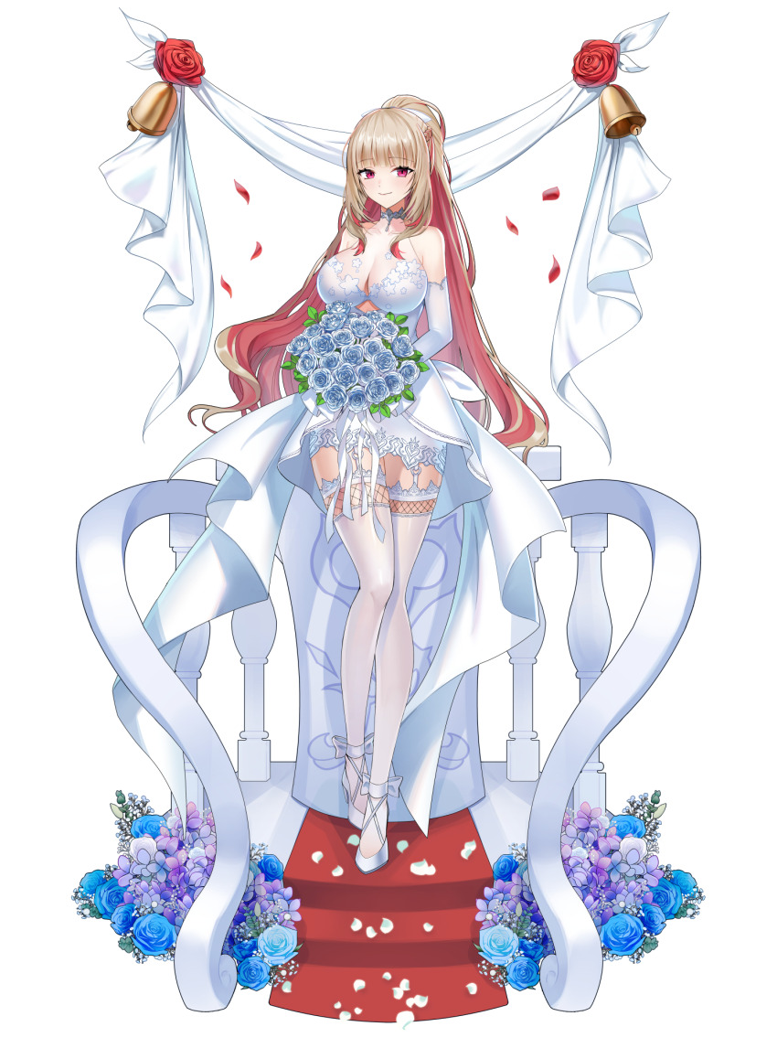 1girl ankle_bow ankle_ribbon back_bow banner bare_shoulders bell blue_flower blue_rose bouquet bow breasts bridal_gauntlets brown_hair cleavage closed_mouth closers clothing_cutout colored_inner_hair dress falling_petals flower full_body garter_straps high_heels highres holding holding_bouquet large_breasts long_hair long_sidelocks looking_at_viewer multicolored_hair official_art petals ponytail railing red_carpet red_eyes red_flower red_hair red_rose ribbon rose see-through_cleavage see-through_clothes short_dress sidelocks sleeveless sleeveless_dress smile solo standing tachi-e thighhighs underboob_cutout very_long_hair wedding_dress white_background white_bow white_flower white_footwear white_rose white_thighhighs yoon_ria_(closers)