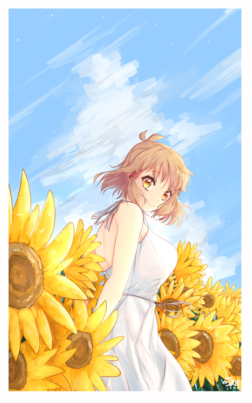 1girl absurdres alternate_costume bare_shoulders breasts closed_mouth cloud cloudy_sky commentary cowboy_shot day dress english_commentary field flower flower_field from_side hair_ornament hairclip highres irielewd large_breasts light_brown_hair looking_at_viewer orange_eyes outdoors senki_zesshou_symphogear short_hair sky sleeveless sleeveless_dress smile solo sundress sunflower sunflower_field tachibana_hibiki_(symphogear) twitter_username white_dress