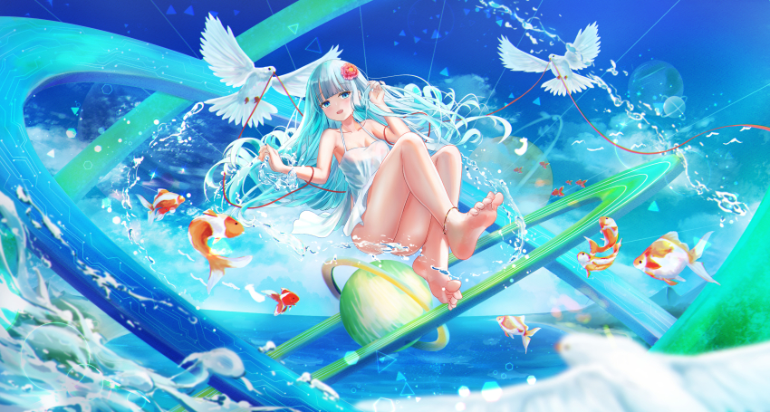 1girl anklet barefoot bird blue_eyes blush dove dress feet fish flower foot_focus hair_flower hair_ornament highres jewelry long_hair looking_at_viewer no_panties original ping9137 short_dress soles sundress toes very_long_hair water white_hair