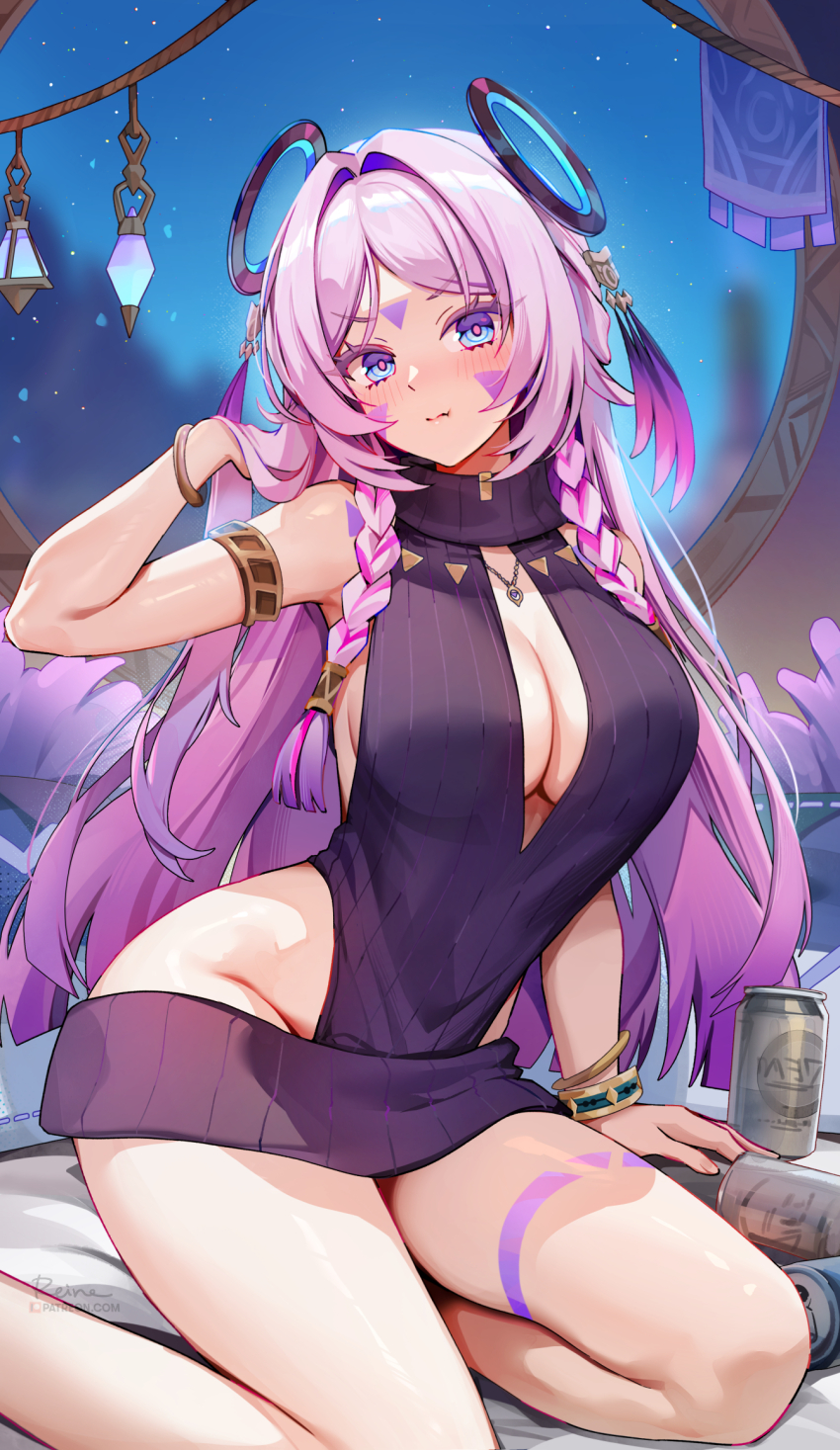 1girl alternate_costume bare_shoulders beer_can blue_eyes blush bracelet braid breasts can citlali_(genshin_impact) closed_mouth commentary drink_can facial_mark forehead_mark foxyreine genshin_impact hair_intakes hair_ornament hand_up highres jewelry large_breasts long_hair looking_at_viewer low_twin_braids meme_attire necklace pink_hair pink_pupils pout purple_hair purple_sweater signature solo sweater twin_braids v-shaped_eyebrows very_long_hair virgin_killer_sweater