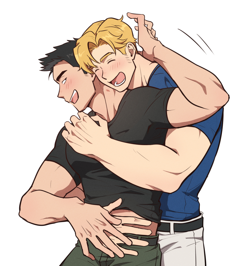 2boys ao_isami bara black_hair blonde_hair blush clothes_lift couple facial_hair from_side highres laughing lewis_smith looking_at_another male_focus multiple_boys muscular muscular_male shirt shirt_lift short_hair sideburns_stubble smile stubble thick_eyebrows tickling wasted_m9 white_background yaoi yuuki_bakuhatsu_bang_bravern