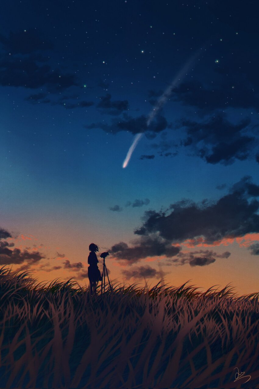 1girl arms_at_sides blue_sky cloud cloudy_sky dusk facing_away field floating_hair from_behind gradient_sky grass highres huashijw jacket landscape orange_sky original outdoors scenery shooting_star short_hair signature silhouette skirt sky solo star_(sky) tripod wide_shot wind