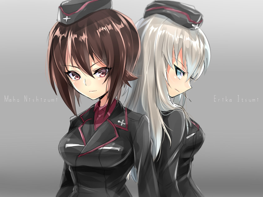 2girls adachi_(nogami_nono) black_hat black_jacket blue_eyes breasts brown_eyes brown_hair facing_away garrison_cap girls_und_panzer gradient_background grey_background grey_hair hat highres itsumi_erika jacket kuromorimine_military_uniform long_sleeves medium_breasts medium_hair miniskirt multiple_girls nishizumi_maho red_skirt short_hair signature skirt