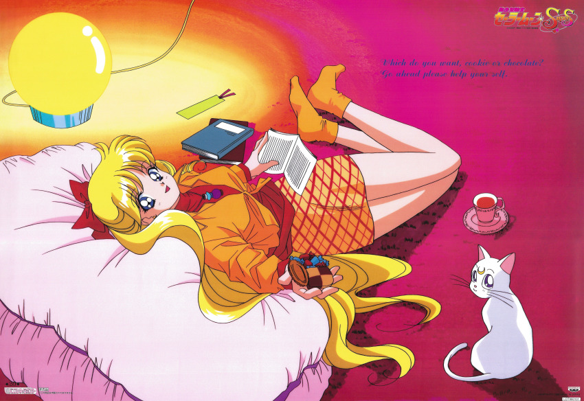 1990s_(style) 1girl absurdres aino_minako artemis_(sailor_moon) bishoujo_senshi_sailor_moon bishoujo_senshi_sailor_moon_supers blonde_hair blue_eyes book bookmark bow candy casual cat cookie english_text food hair_bow highres holding holding_book holding_food incoming_food logo long_hair long_sleeves looking_at_viewer lying no_shoes official_art on_back orange_legwear pillow plaid_clothes plaid_skirt poster_(medium) retro_artstyle scan skirt solo