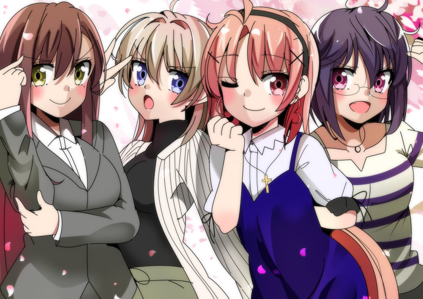 4girls absurdres aged_up ahoge alternate_hair_length alternate_hairstyle bad_id bad_pixiv_id blue_eyes blush brown_eyes brown_hair business_suit cherry_blossoms cross cross_necklace ebisuzawa_kurumi formal_clothes gakkou_gurashi! hair_ornament hairband hands_in_hair highres jewelry long_hair long_sleeves mole mole_under_eye multiple_girls naoki_miki necklace pink_eyes pink_hair purple_eyes purple_hair salute shirt short_hair short_sleeves silver_hair sinakyo spoilers striped_clothes striped_shirt suit sweater takeya_yuki two-finger_salute wakasa_yuuri x_hair_ornament yellow_eyes