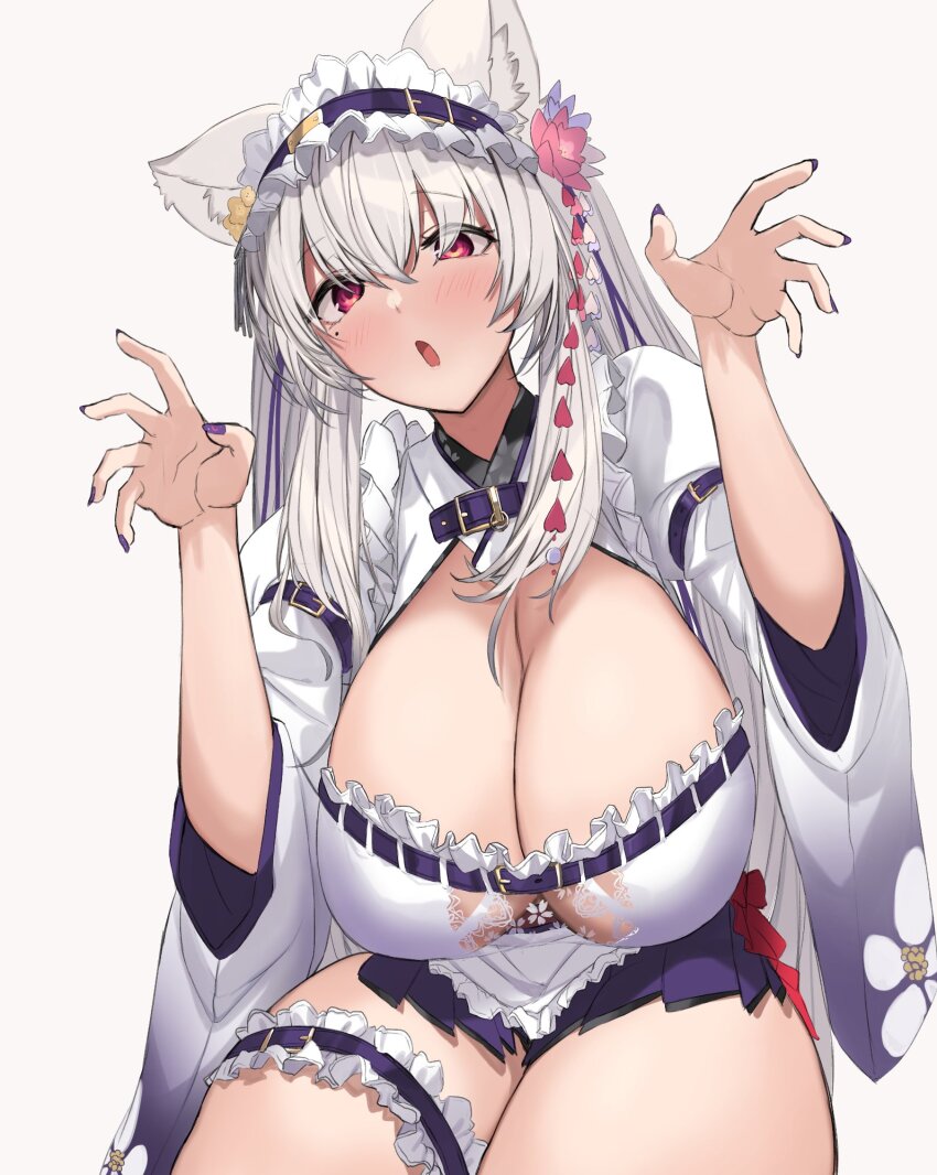 1girl animal_ear_fluff animal_ears blush breasts cleavage commission ganesagi hands_up highres huge_breasts indie_virtual_youtuber japanese_clothes looking_at_viewer miniskirt miyako_miyuri mole mole_under_eye open_mouth red_eyes sagging_breasts see-through_clothes skeb_commission skirt solo virtual_youtuber white_background white_hair wolf_ears wolf_girl