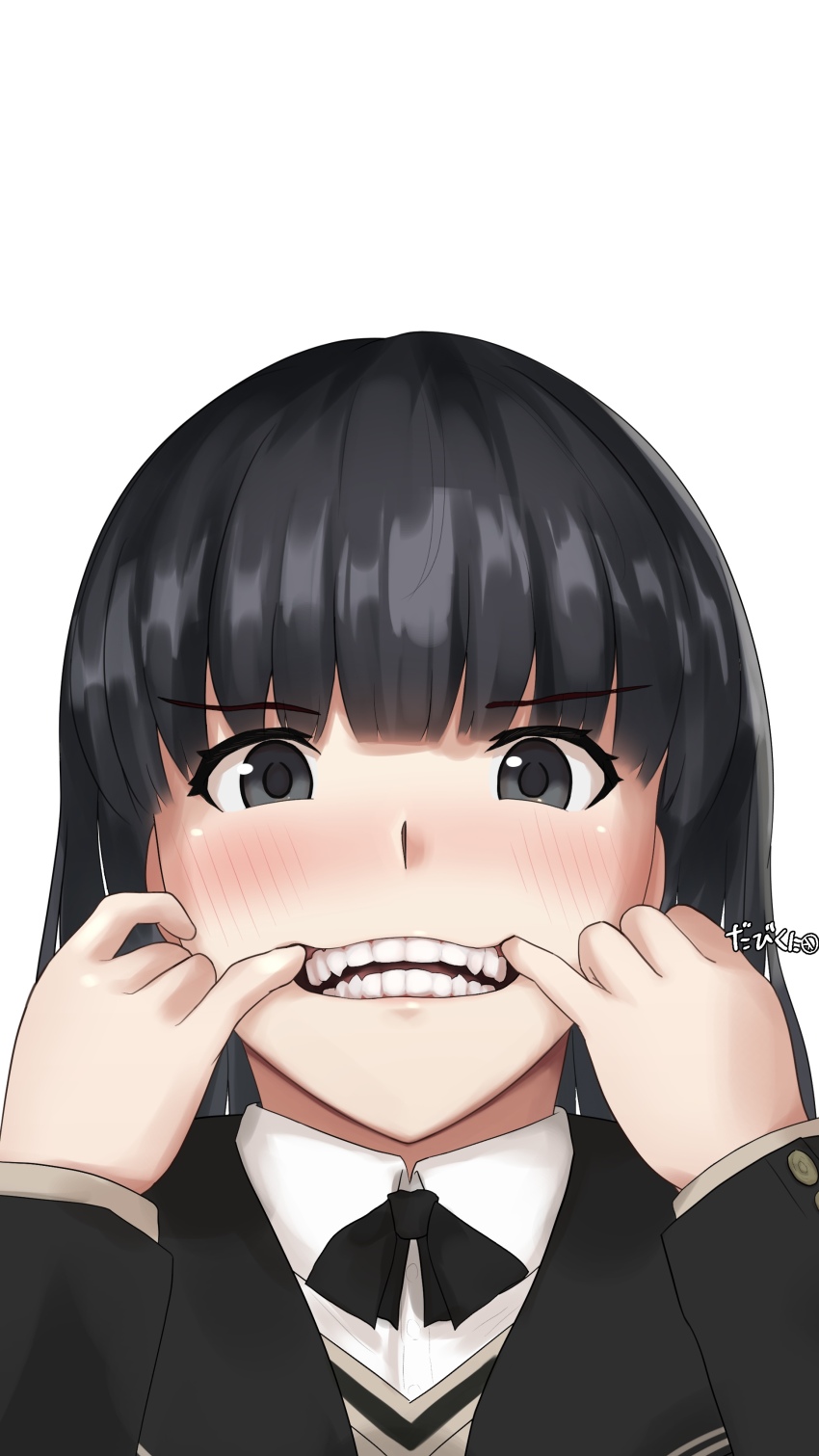 1girl absurdres amagami artist_name ayatsuji_tsukasa black_bow black_bowtie black_eyes black_hair black_jacket black_sailor_collar blazer blunt_bangs blush bow bowtie dabikuni fangs finger_in_own_mouth forced_smile highres jacket kibito_high_school_uniform long_hair long_sleeves looking_at_viewer mouth_pull portrait sailor_collar school_uniform simple_background solo straight_hair teeth white_background