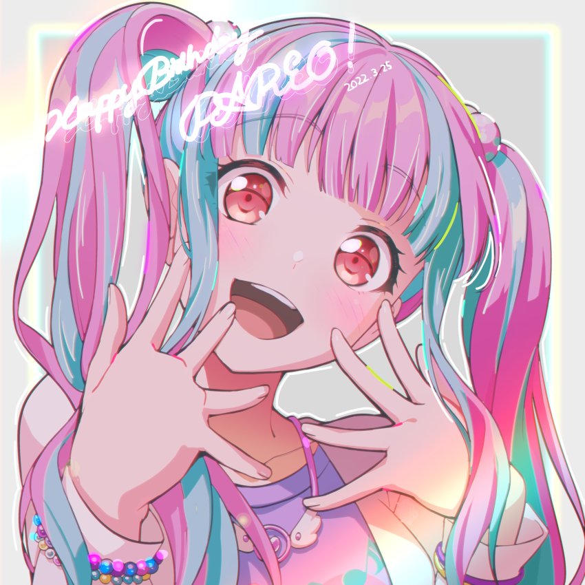 1girl absurdres bang_dream! blue_hair dated hair_ornament happy_birthday highres jewelry long_hair long_sleeves multicolored_hair necklace nobusawa_osamu nyubara_reona open_mouth pink_hair red_eyes solo teeth twintails two-tone_hair upper_teeth_only