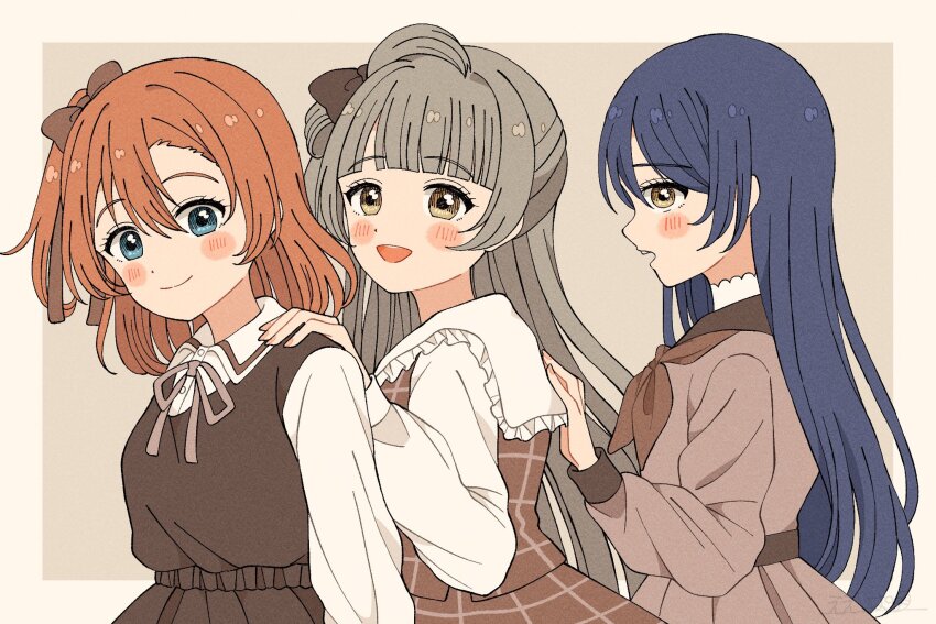 3girls :d blue_eyes blue_hair blunt_bangs border bow breasts brown_background brown_bow brown_dress brown_eyes brown_neckerchief brown_sailor_collar brown_shirt brown_skirt closed_mouth collared_shirt commentary dark_blue_hair dress eeppa frilled_sailor_collar frills hair_between_eyes hair_bow highres kosaka_honoka long_hair long_sleeves looking_at_viewer love_live! love_live!_school_idol_project medium_breasts minami_kotori multiple_girls neckerchief one_side_up open_mouth orange_hair outside_border pinafore_dress profile sailor_collar sailor_dress sailor_shirt shirt sidelocks simple_background skirt sleeveless sleeveless_dress smile sonoda_umi split_mouth teeth upper_body upper_teeth_only white_border white_sailor_collar white_shirt