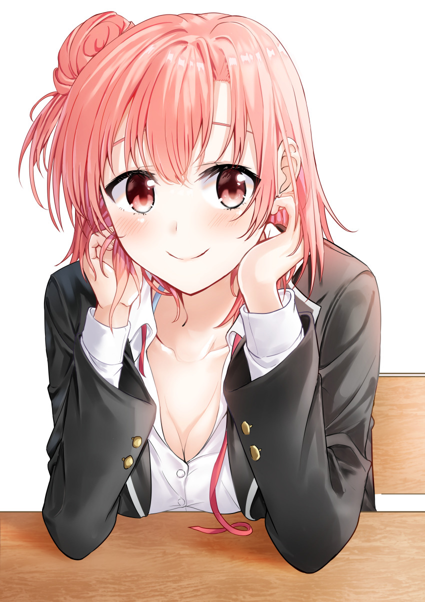 1girl absurdres black_jacket blazer blush breasts closed_mouth collared_shirt commentary_request hair_bun highres jacket looking_at_viewer neck_ribbon nono_(nono_846) open_clothes open_jacket pink_hair red_ribbon ribbon school_uniform shirt short_hair single_hair_bun single_side_bun smile sobu_high_school_uniform solo undone_neck_ribbon white_shirt yahari_ore_no_seishun_lovecome_wa_machigatteiru. yuigahama_yui