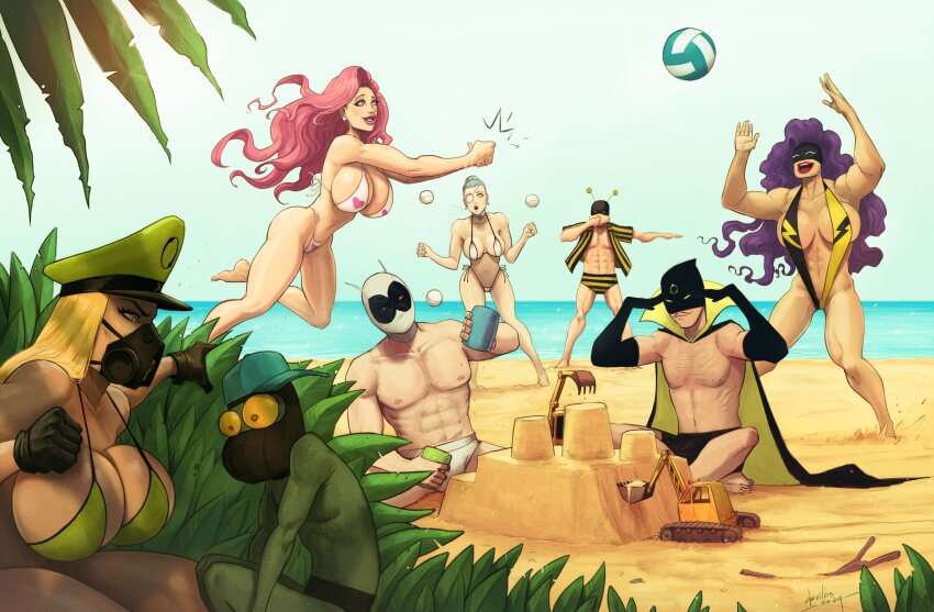 4boys 4girls abs absurdres beach bikini black_cape black_gloves black_mask black_shirt black_slingshot_swimsuit blonde_hair cape day devilhs doctor_miracle_(devilhs_art) gloves green_bikini green_hat hat heart heart_print highres jean-paul_le_frog_(devilhs_art) leaf long_hair madame_gekko_(devilhs_art) male_swimwear mighty_moth_(devilhs_art) military_hat multiple_boys multiple_girls navel open_clothes open_shirt original outdoors pink_hair plant pointing print_bikini purple_hair sand_castle sand_sculpture shirt slingshot_swimsuit striped_clothes striped_shirt swim_briefs swim_trunks swimsuit thunder_storm_(devilhs) topless_male two-sided_cape two-sided_fabric two-tone_shirt two-tone_slingshot_swimsuit venus_(devilhs) vertical-striped_clothes vertical-striped_shirt volleyball water white_bikini white_mask yellow_cape yellow_shirt yellow_slingshot_swimsuit