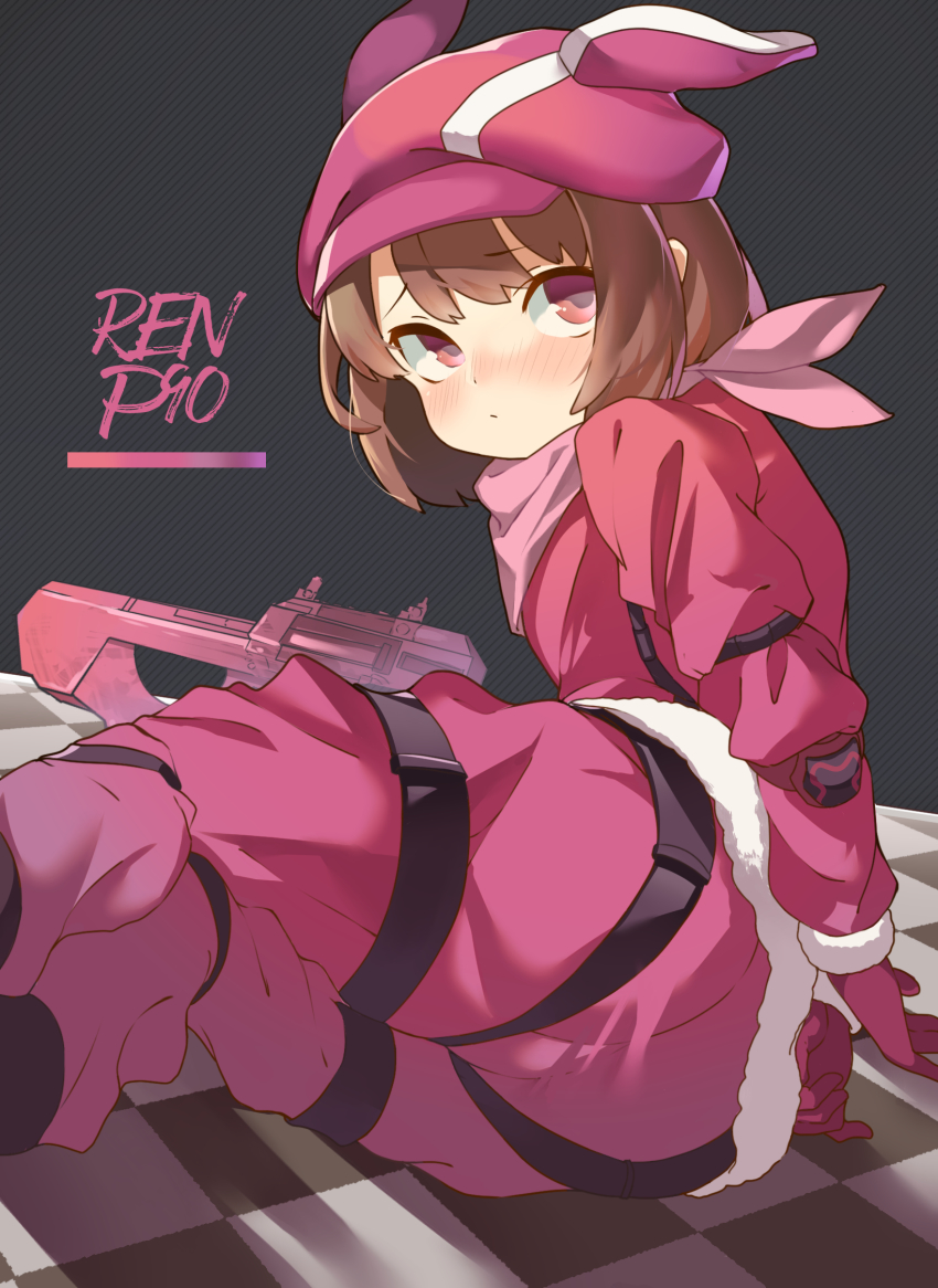 1girl arms_behind_back ass blush brown_eyes brown_hair bullpup character_name gloves gun hat highres horizontal_magazine jacket llenn_(sao) p-chan_(p90) p90 pants personal_defense_weapon pink_gloves pink_hat pink_jacket pink_pants sakurami_sumi short_hair sitting solo submachine_gun sword_art_online sword_art_online_alternative:_gun_gale_online thigh_strap weapon