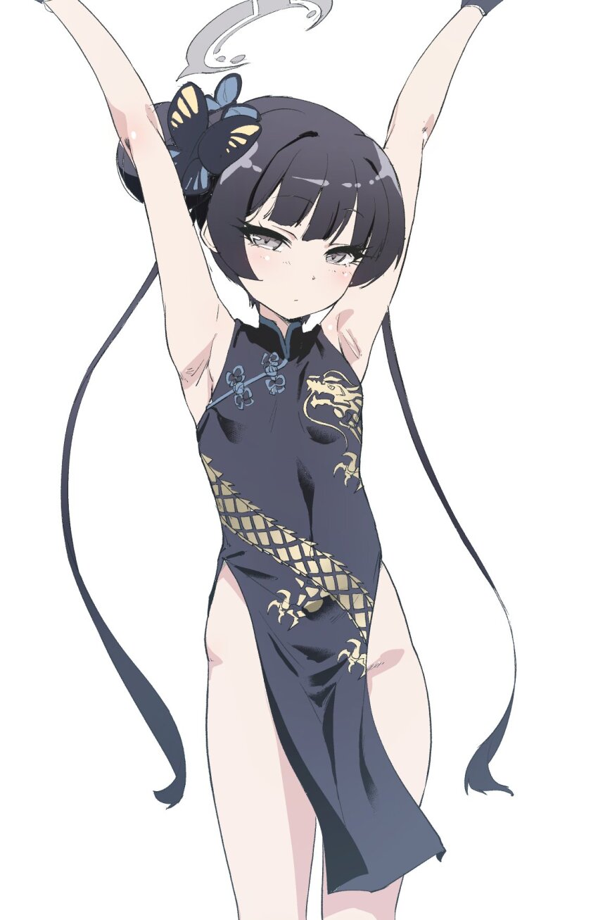 1girl arms_up bare_shoulders black_dress black_gloves black_hair blue_archive blush braid braided_bun breasts butterfly_hair_ornament china_dress chinese_clothes double_bun dragon_print dress gloves grey_eyes hair_bun hair_ornament half_gloves halo highres kisaki_(blue_archive) long_hair looking_at_viewer nekono_matatabi pelvic_curtain short_dress side_slit small_breasts solo thighs twintails