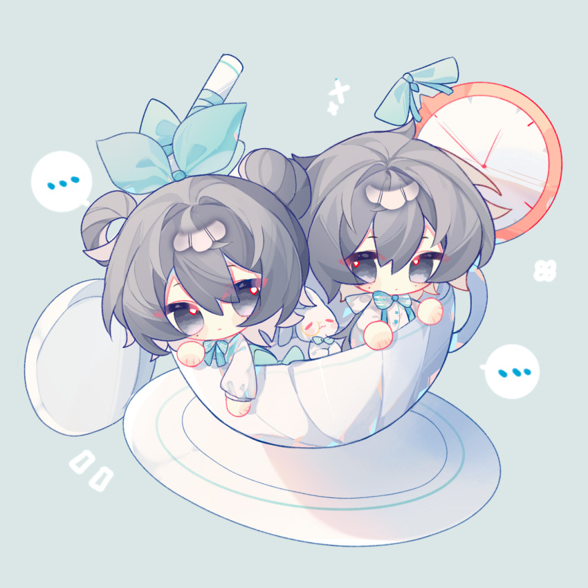 ... 1boy 1girl aqua_bow aqua_bowtie aqua_ribbon black_hair bow bowtie chibi chibi_only chinese_commentary closed_mouth commentary_request cup dual_persona expressionless hair_bow hair_bun hair_rings highres li_yuting_(female) li_yuting_(male) long_hair long_sleeves luojia671 medium_hair mole mole_under_each_eye mole_under_eye multiple_moles neck_ribbon official_alternate_costume ribbon shirt single_hair_bun single_hair_ring spoken_ellipsis stuffed_animal stuffed_rabbit stuffed_toy teacup touqi_guaitan white_shirt