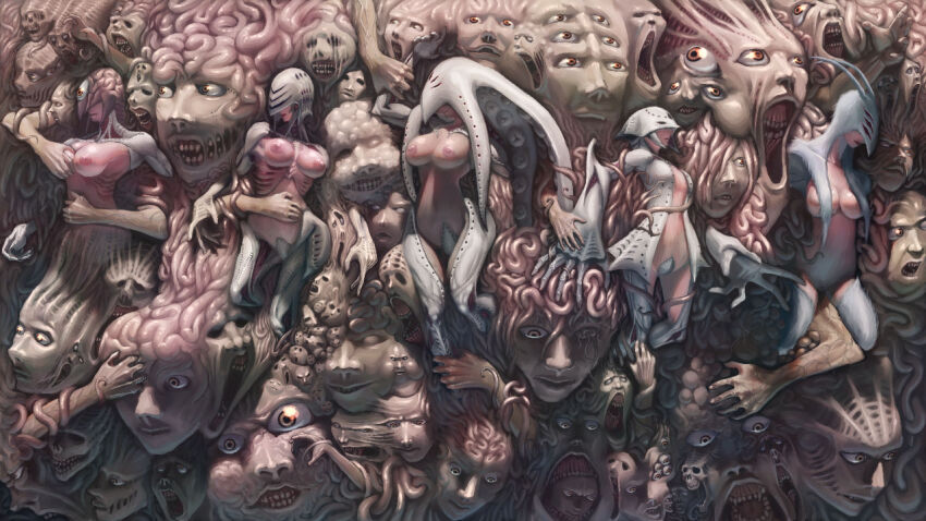 5girls 6+others angel_at_dusk biopunk body_fur body_horror brain breasts carapace creature exposed_brain extra_eyes glasgow_smile groping helmet horror_(theme) large_breasts multiple_girls multiple_others nipples official_art red_eyes teeth tentacle_hair tentacles toguromaki_kumoyuki