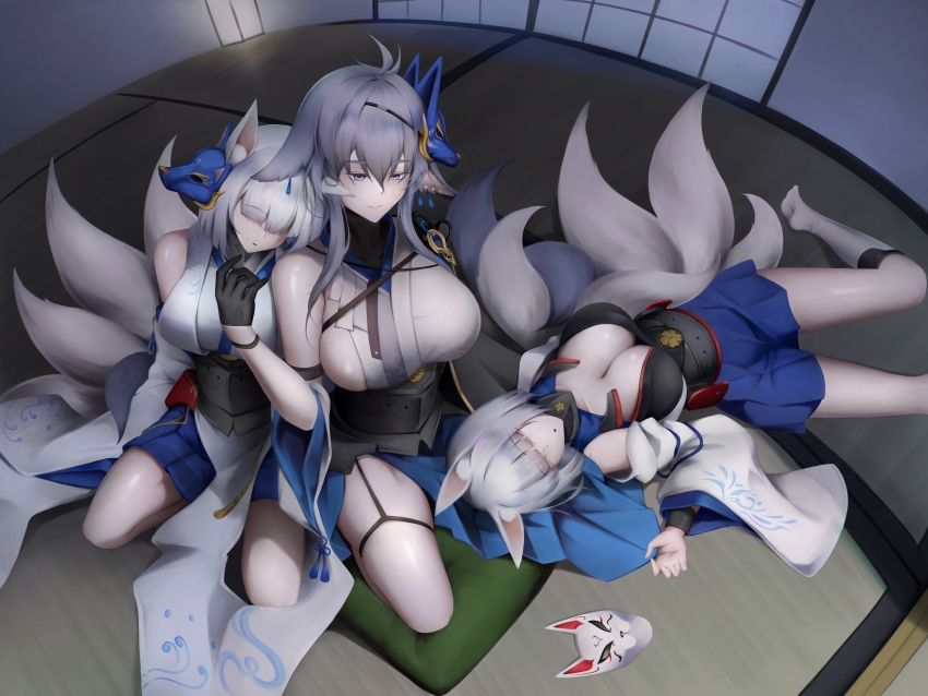 3girls absurdres animal_ears azur_lane bare_legs bare_shoulders black_gloves blue_eyes blue_hair blue_skirt breasts cleavage dddtriple fox_ears fox_girl fox_mask fox_tail from_above full_body gloves half-closed_eyes hand_up head_on_another&#039;s_shoulder highres indoors japanese_clothes kaga_(azur_lane) kaga_(battleship)_(azur_lane) kimono kitsune kneehighs large_breasts long_hair lying mask mask_on_head medium_breasts medium_hair multiple_girls multiple_tails no_bra on_back parted_lips pleated_skirt print_kimono purple_eyes sakura_empire_(emblem) siblings sideboob sisters sitting skirt sleeping sleeping_upright smile socks tail tatami tosa_(azur_lane) white_hair white_kimono wide_sleeves