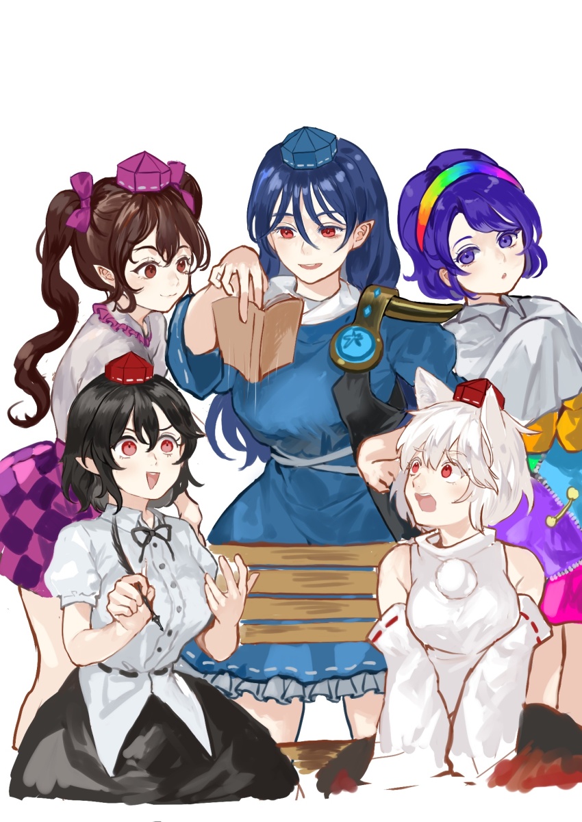 5girls animal_ears belt bench black_belt black_coat black_hair black_ribbon black_skirt blue_dress blue_hair blue_hat breasts brown_eyes brown_hair cape checkered_clothes checkered_skirt closed_mouth coat collared_shirt detached_sleeves dress frilled_shirt_collar frills gem gonglijeongli green_dress hair_ribbon hairband happy hat highres himekaidou_hatate holding holding_notebook iizunamaru_megumu inubashiri_momiji large_breasts long_hair medium_breasts multicolored_clothes multicolored_dress multicolored_hairband multiple_girls neck_ribbon notebook open_mouth pointy_ears puffy_short_sleeves puffy_sleeves purple_dress purple_eyes purple_hair purple_hat purple_ribbon purple_skirt quill rainbow_gradient red_eyes red_hat red_skirt ribbon shameimaru_aya shirt short_hair short_sleeves shoulder_pads simple_background sitting skirt smile standing surcoat surprised tenkyuu_chimata tokin_hat touhou turtleneck twintails untucked_shirt very_long_hair white_background white_cape white_hair white_shirt white_sleeves wide_sleeves wolf_ears yellow_dress