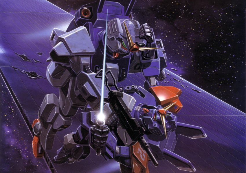 absurdres battle blue_destiny_02 blue_destiny_03 energy_sword gun gundam gundam_side_story:_the_blue_destiny highres mecha official_art ookawara_kunio robot space star_(symbol) sword weapon