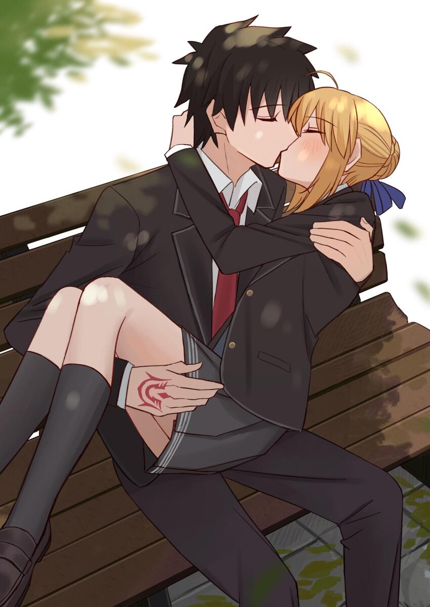 absurdres ahoge artoria_pendragon_(fate) bench black_footwear black_hair black_pants black_shirt blonde_hair blush bow carrying closed_eyes command_spell fate/grand_order fate_(series) fujimaru_ritsuka_(male) hair_bow hair_bun hetero highres kiss leaf necktie pants princess_carry school_uniform shintyoi2 shirt short_hair skirt white_shirt