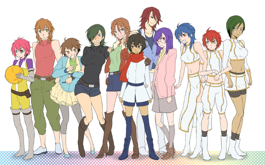 00s 4boys 6+girls allelujah_haptism bad_id bad_pixiv_id blue_hair blush boots brother_and_sister brothers brown_hair christina_sierra crop_top feldt_grace freckles gender_request genderswap glasses green_hair gundam gundam_00 haro high_heels johann_trinity leggings lichtendahl_tsery lockon_stratos michael_trinity midriff multiple_boys multiple_girls navel nena_trinity pink_hair purple_hair red_hair setsuna_f._seiei shoes siblings sumeragi_lee_noriega thigh_boots thighhighs tieria_erde