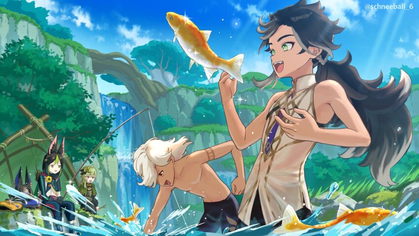 1girl 3boys armpits black_hair collei_(genshin_impact) cowboy_shot cyno_(genshin_impact) dark-skinned_male dark_skin fangs fish fishing fishing_rod from_side full_body genshin_impact green_eyes green_hair highres long_hair male_focus multicolored_hair multiple_boys no_nipples open_mouth outdoors pectorals schneeball_6 sethos_(genshin_impact) short_hair sitting sleeveless streaked_hair tighnari_(genshin_impact) topless_male white_hair