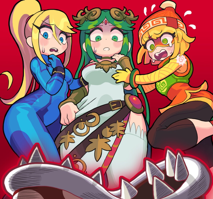 absurdres blonde_hair blue_bodysuit bodysuit gashi-gashi green_hair highres min_min_(arms) palutena piranha_plant samus_aran scared