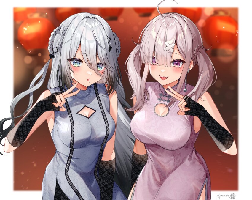 ahoge braid breasts china_dress chinese_clothes dress eyes_visible_through_hair grey_eyes grey_hair hair_between_eyes hair_ornament hair_over_one_eye highres large_breasts long_hair long_hair_between_eyes looking_at_viewer mole mole_under_eye mole_under_mouth multicolored_hair multiple_girls multiple_moles nijisanji open_mouth paruo_orh purple_eyes side_braids smile sophia_valentine sukoya_kana triangle_hair_ornament twintails virtual_youtuber x x_hair_ornament