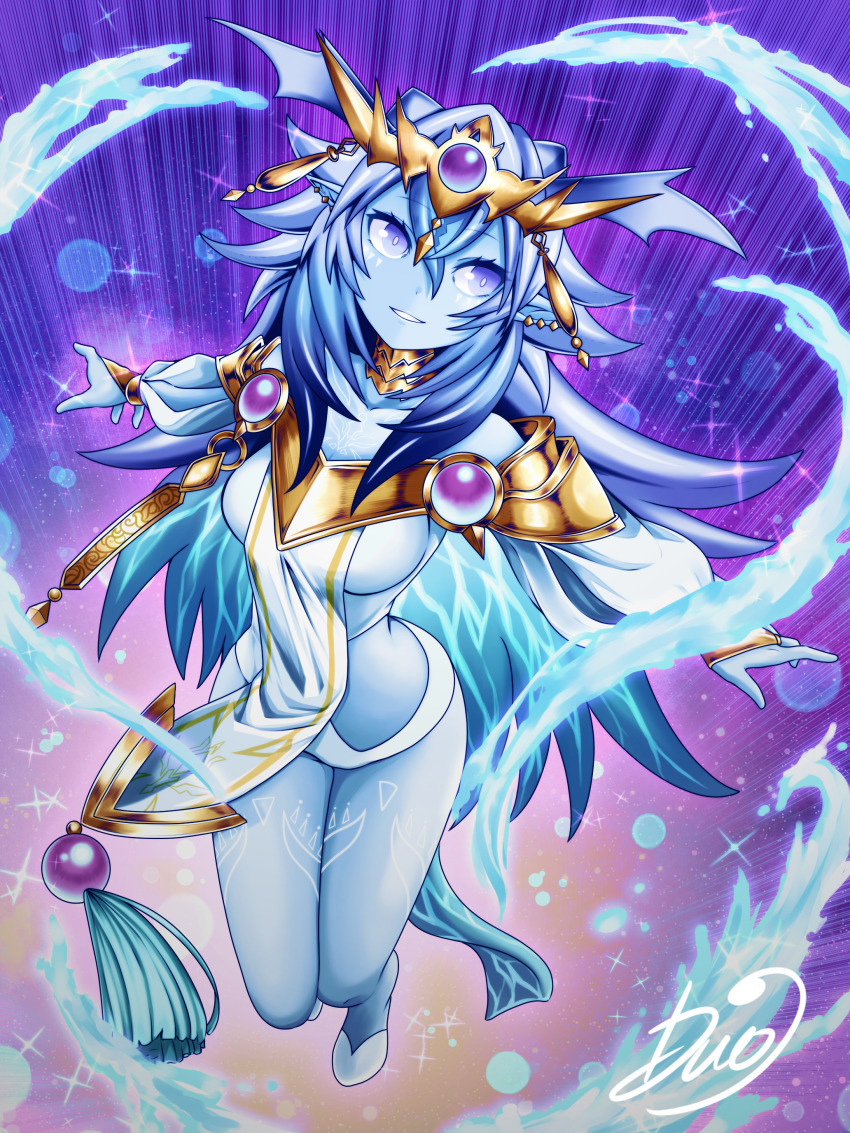 1girl absurdres blue_eyes blue_hair blue_skin breasts collar colored_skin dominus_impulse duel_monster dyuo floating full_body grin highres medium_breasts pelvic_curtain shoulder_pads smile solo tiara water yu-gi-oh!