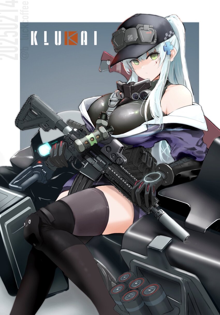 1girl artist_name assault_rifle b-luck_coffee baseball_cap black_gloves black_hat black_thighhighs blue_hair breasts character_name commentary covenant_halo_(girls&#039;_frontline_2) cross_hair_ornament dated english_commentary explosive flashbang girls&#039;_frontline girls&#039;_frontline_2:_exilium gloves green_eyes grenade gun h&amp;k_hk416 hair_ornament hat highres hk416_(girls&#039;_frontline) holding holding_gun holding_weapon jacket long_hair looking_at_viewer motor_vehicle motorcycle off_shoulder ponytail purple_jacket rail_(weapon) reflex_sight rifle sidelocks simple_background solo suppressor tattoo teardrop_facial_mark teardrop_tattoo thighhighs twitter_username weapon