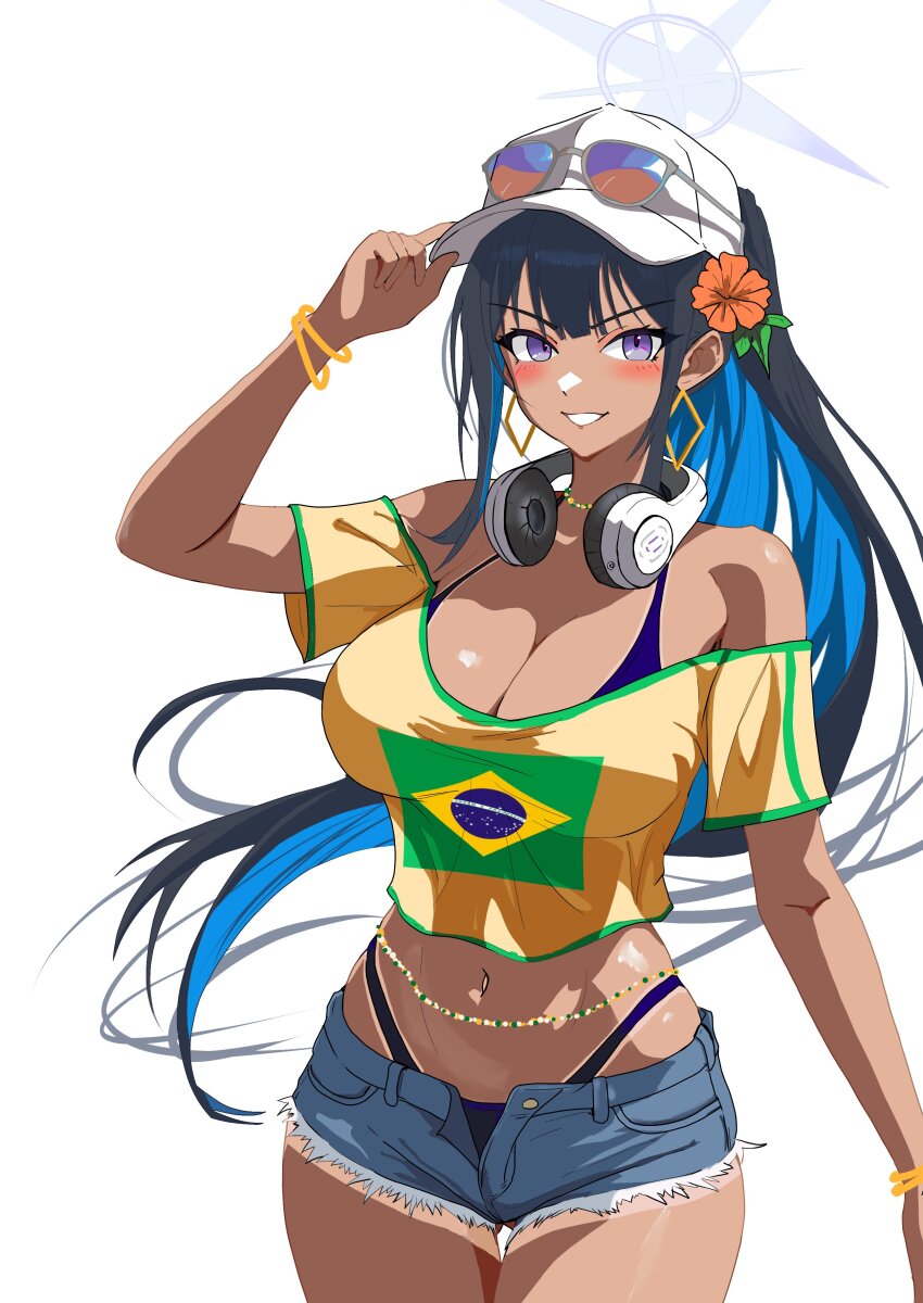 1977_oj3 1girl absurdres alternate_costume alternate_skin_color baseball_cap blue_archive blue_halo brazilian_flag_print colored_inner_hair flower halo hat highres multicolored_hair navel open_fly saori_(blue_archive) simple_background solo tan tanline white_background