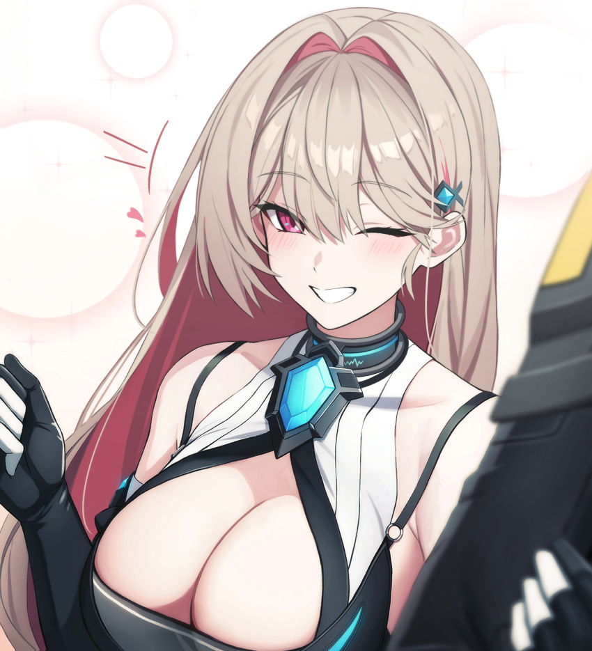 1boy 1girl bare_shoulders blush breasts brown_hair cleavage closers colored_inner_hair gloves hair_ornament highres holding holding_another&#039;s_arm junu_(jwoo5627) korean_commentary large_breasts long_hair looking_at_viewer multicolored_hair one_eye_closed pink_eyes red_eyes single_hair_intake smile solo_focus two-tone_hair yoon_ria_(closers)