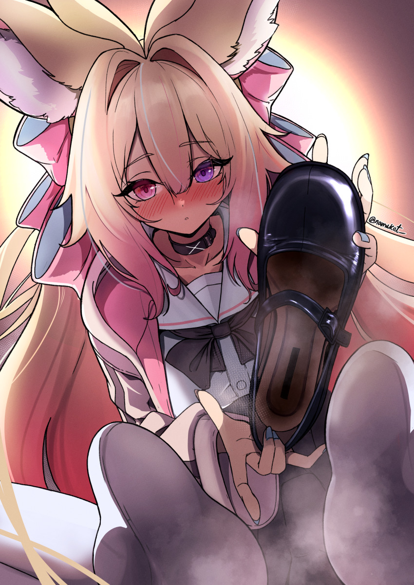 1girl absurdres animal_ears blonde_hair blush feet heterochromia highres long_hair looking_at_viewer mary_janes namukot pantyhose parted_lips pink_eyes purple_eyes shoes single_shoe steam unworn_shoes white_pantyhose