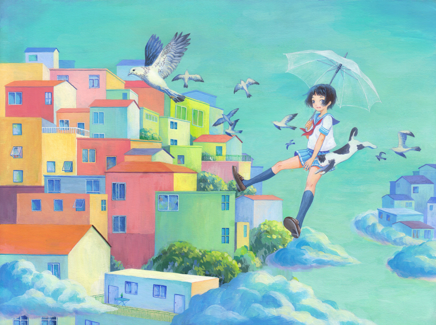 1girl asaki_leaf bird building cat city clothes_lift cloud colorful day female_focus flying original school_uniform serafuku skirt skirt_lift sky solo surreal transparent transparent_umbrella umbrella umbrella_riding