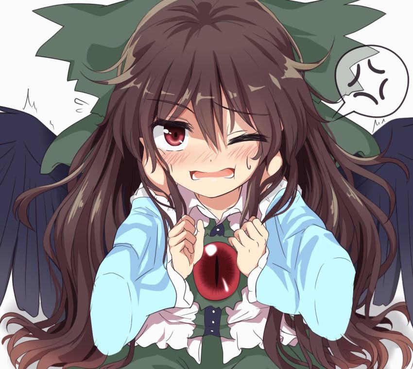 2girls bad_id bad_pixiv_id bird_wings black_wings blouse blue_sleeves blush bow brown_eyes brown_hair buttons center_frills chitose_hachi collared_shirt frilled_sleeves frills green_bow green_skirt hair_between_eyes hair_bow hands_on_another&#039;s_cheeks hands_on_another&#039;s_face komeiji_satori long_hair long_sleeves lower_teeth_only multiple_girls one_eye_closed open_mouth reiuji_utsuho shirt simple_background skirt solo_focus sweatdrop teeth third_eye touhou white_background white_shirt wide_sleeves wings