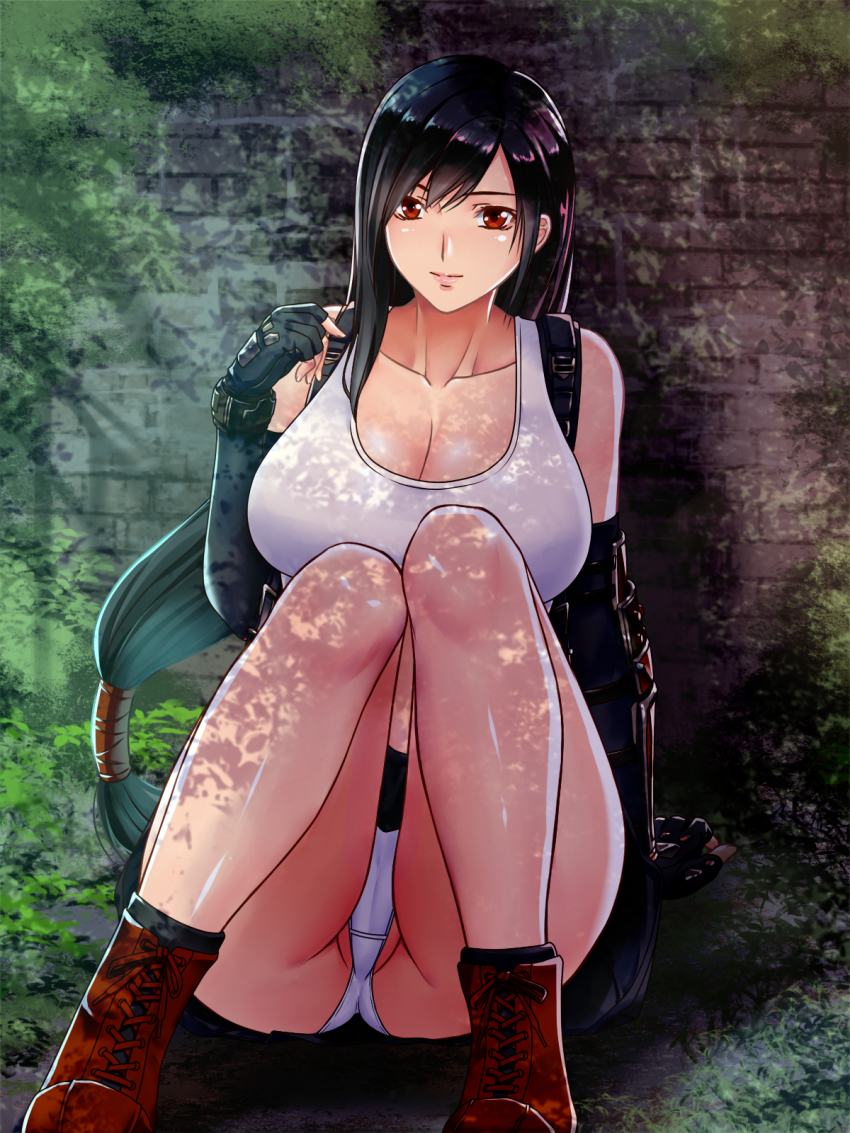 1girl breasts cleavage final_fantasy final_fantasy_vii highres image_sample knees_together_feet_apart panties pantyshot pixiv_sample sitting solo switch01 tifa_lockhart underwear