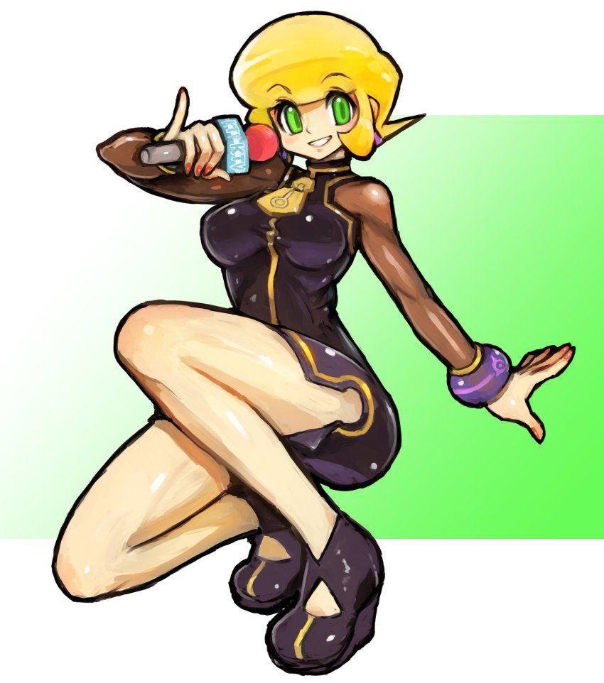 1girl black_footwear blonde_hair bracelet breasts dakusuta dress earrings full_body green_eyes highres holding holding_microphone jewelry matilda_caskett_(mega_man) mega_man_(series) mega_man_legends_(series) microphone pinky_out platform_footwear short_hair simple_background smile solo squatting teeth