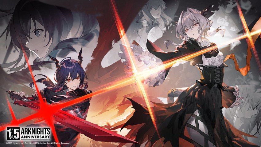 4girls alina_(arknights) amiya_(arknights) animal_ears arknights ascot battle black_ascot black_dress black_gloves black_jacket blue_eyes blue_hair brown_hair ch&#039;en_(arknights) chi_xiao_(arknights) deer_ears dragon_horns dress fingerless_gloves gloves glowing glowing_sword glowing_weapon grey_hair hair_between_eyes hair_intakes holding holding_sword holding_weapon horns jacket kawaguchi_(mojacome) long_hair multiple_girls official_art originium_arts_(arknights) parted_lips profile red_eyes second-party_source siblings sisters sweatdrop sword talulah_(arknights) watermark weapon yellow_eyes