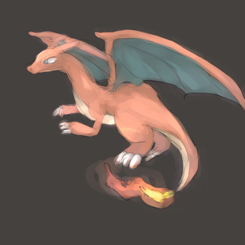 animal_focus black_background blue_eyes charizard claws closed_mouth creatures_(company) dragon fire flame-tipped_tail from_side full_body game_freak gen_1_pokemon highres natsumekan nintendo no_humans pokemon pokemon_(creature) simple_background sketch solo