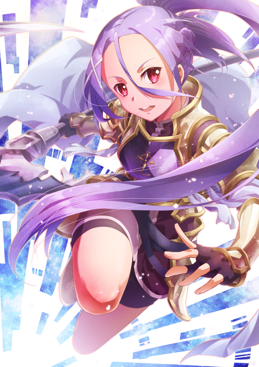 1girl :d absurdres armor bike_shorts black_gloves black_shorts breastplate fingerless_gloves floating_hair gloves hair_between_eyes hair_ornament highres holding holding_weapon leg_up long_hair mito_(sao) oboro_neko open_mouth polearm ponytail purple_hair red_eyes short_shorts shorts smile solo sword_art_online sword_art_online_progressive very_long_hair weapon x_hair_ornament