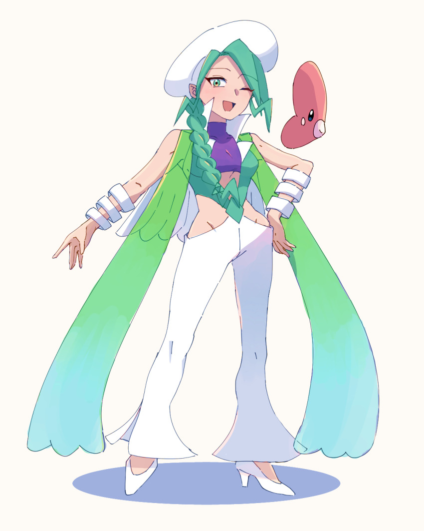 1girl ;d bangle bracelet braid commentary_request creatures_(company) cropped_shirt full_body game_freak gen_3_pokemon genderswap genderswap_(mtf) green_eyes green_hair hand_on_own_hip haruki_sparsa hat high_heels highres jewelry looking_at_viewer luvdisc midriff nintendo one_eye_closed open_mouth pants pokemon pokemon_(creature) pokemon_oras purple_shirt shirt smile standing wallace_(pokemon) white_background white_footwear white_hat white_pants