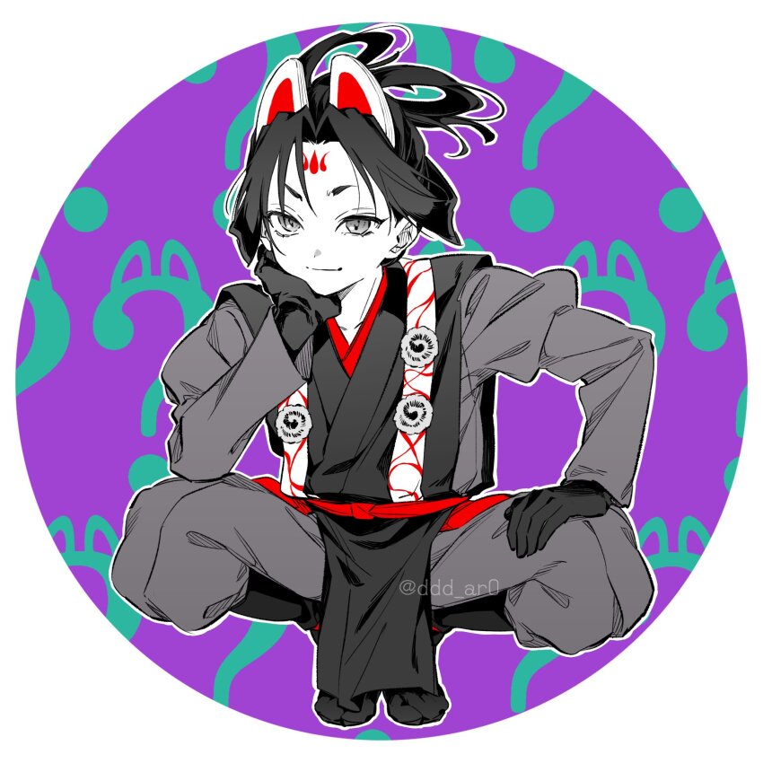 1boy animal_ears black_footwear black_gloves black_hair border bow-shaped_hair closed_mouth collarbone ddd_ar0 disguise elbow_on_knee facial_mark floating_hair forehead_mark fox_ears full_body gloves hand_on_own_knee highres houjou_tokiyuki_(nige_jouzu_no_wakagimi) japanese_clothes kazama_genba kimono limited_palette long_hair long_sleeves looking_at_viewer male_focus nige_jouzu_no_wakagimi ninja pale_skin parted_bangs pelvic_curtain puffy_sleeves purple_background question_mark_print red_sash round_border sash sidelocks_tied_back smile smirk solo squatting swirl twitter_username v-shaped_eyebrows