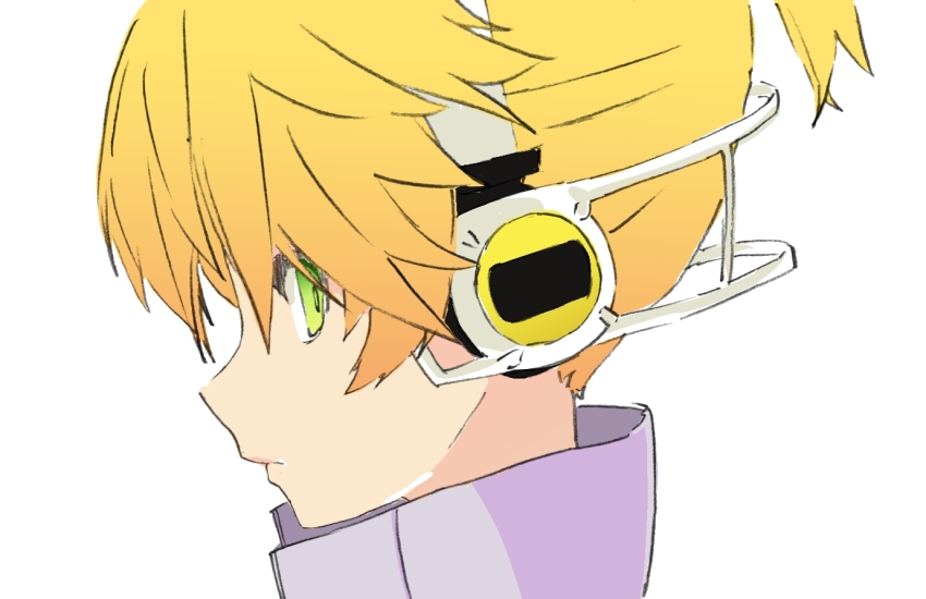 1boy blonde_hair d_futagosaikyou expressionless from_side green_eyes headphones high_collar kagamine_len kagamine_len_(append) looking_at_viewer male_focus portrait short_ponytail sideways_glance solo spiked_hair vocaloid tda_model_(mikumikudance) vocaloid_append white_background