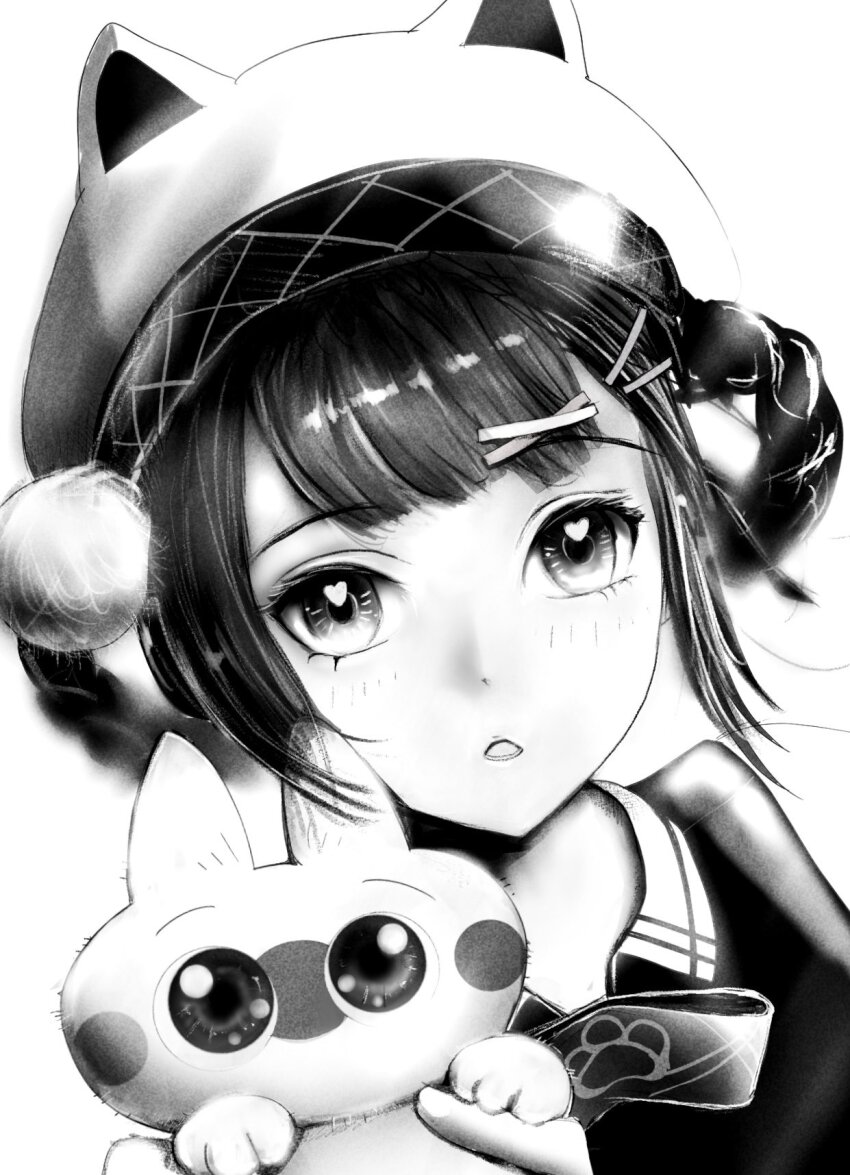 1girl 1other animal_ear_headwear animal_ears azukisan bambinata_(pgr) braid braided_hair_rings cat cat_ears fake_animal_ears greyscale hair_ornament hair_rings hairclip hat heart heart-shaped_pupils highres monochrome mu_mi official_alternate_costume pom_pom_(clothes) punishing:_gray_raven siam_neko_azukisan symbol-shaped_pupils traditional_media x_hair_ornament